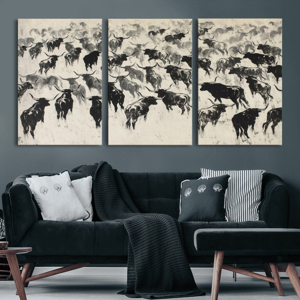 Longhorn Cattle Canvas Wall Art, Black White Stampede Ink
