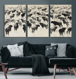 Longhorn Cattle Canvas Wall Art, Black White Stampede Ink