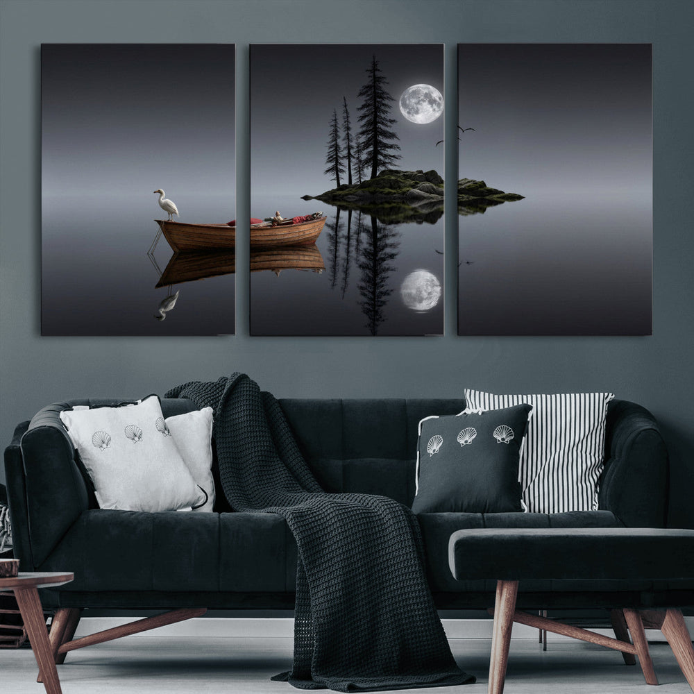 Moonlit Lake Canvas Wall Art, Dreamy Boat Heron Full Moon