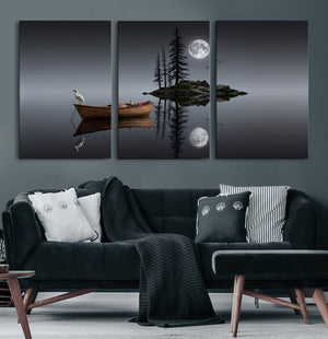 Moonlit Lake Canvas Wall Art, Dreamy Boat Heron Full Moon