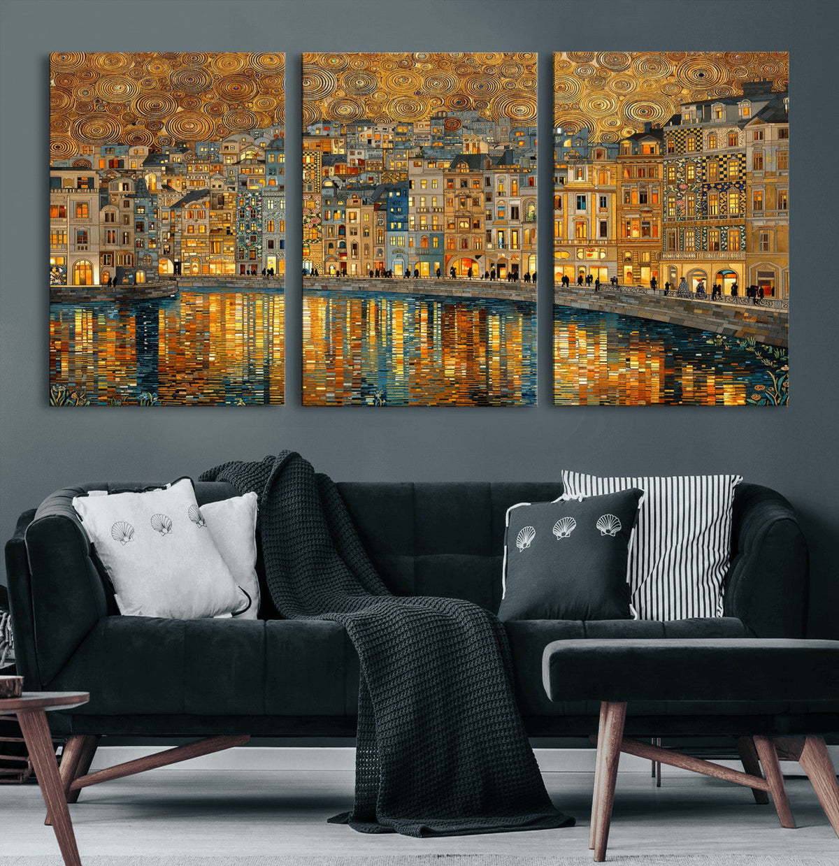 Gustav Klimt Golden Cityscape Wall Art Canvas Print, Framed