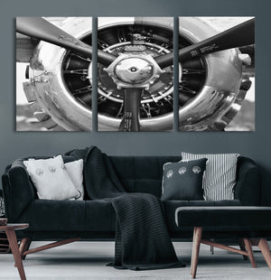 Vintage Propeller Plane Wall Art Canvas Print, Black and