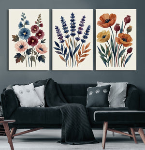 Watercolor Botanical Canvas Wall Art Set, Navy Terracotta
