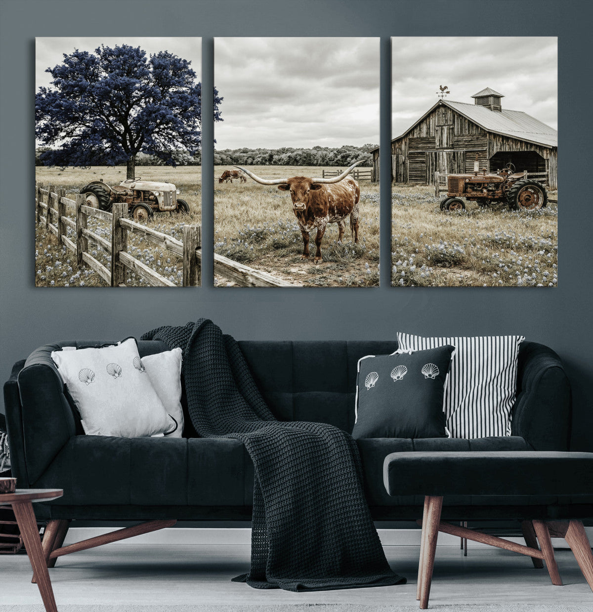 Texas Longhorn Canvas Wall Art, Rustic Farm Barn Bluebonnet