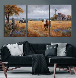 Texas Longhorn Canvas Wall Art, Rustic Farm Barn Bluebonnet