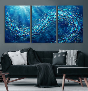 School of Fish Canvas Print | Blue Ocean Underwater Wall Art