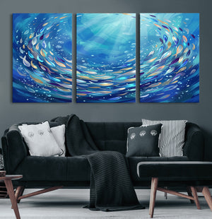 School of Fish Canvas Print | Blue Ocean Underwater Wall Art
