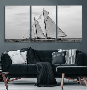 Vintage Sailboat Wall Art Canvas Print, Black and White