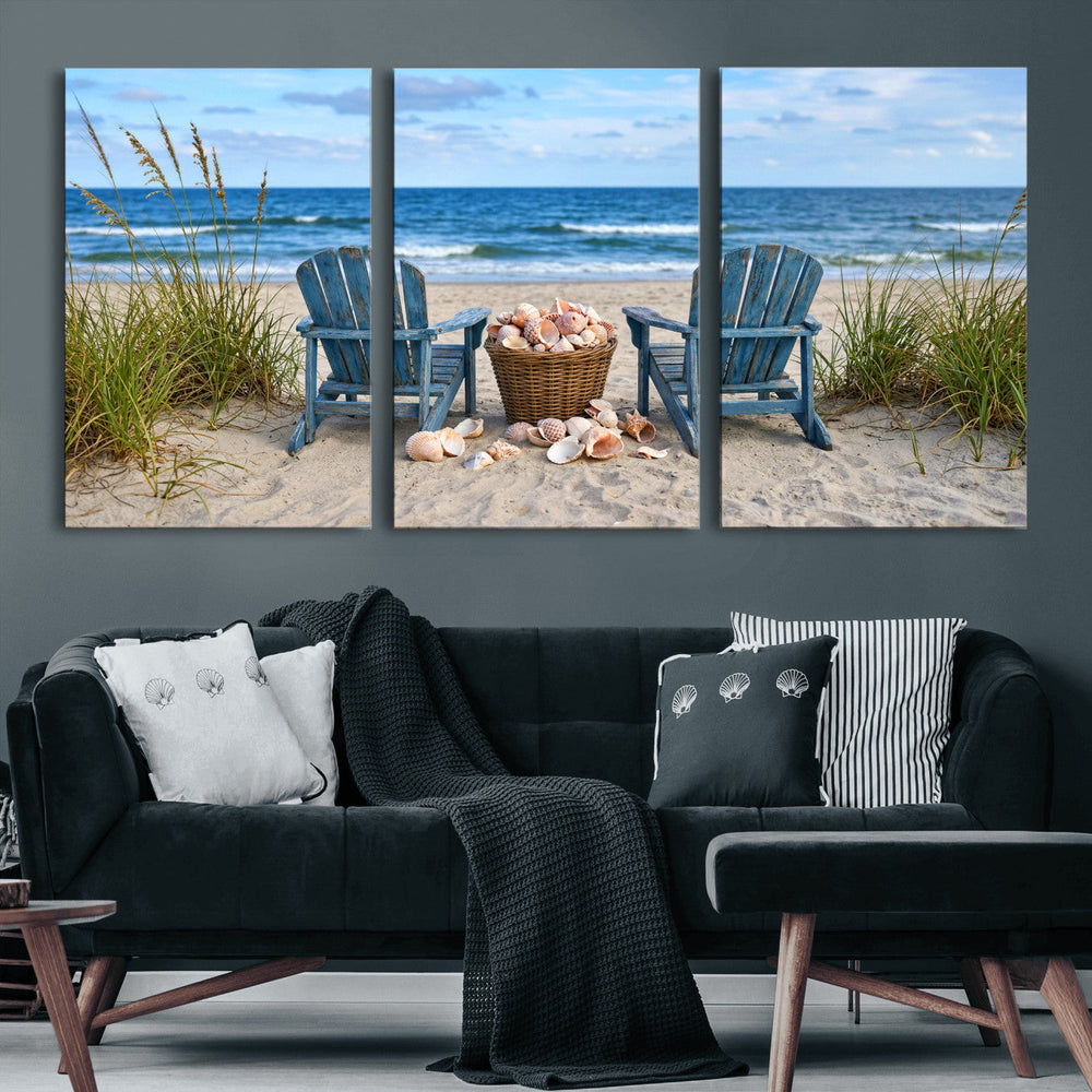 Large Beach Canvas Wall Art Coastal Adirondack Chairs Ocean