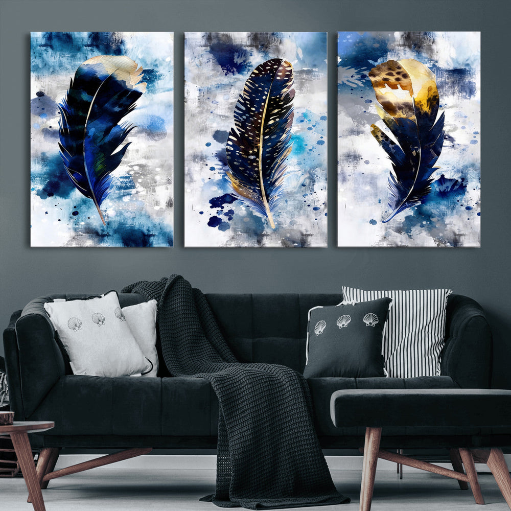 Feather Canvas Wall Art Navy Blue Gold Watercolor Abstract
