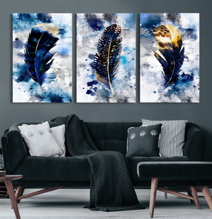Feather Canvas Wall Art Navy Blue Gold Watercolor Abstract