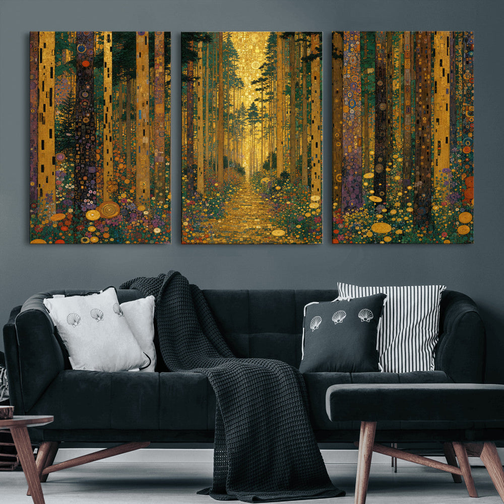 Gustav Klimt Style Forest Canvas Wall Art, Golden Forest Path Floral Art Nouveau Print, Enchanted Woodland Decor