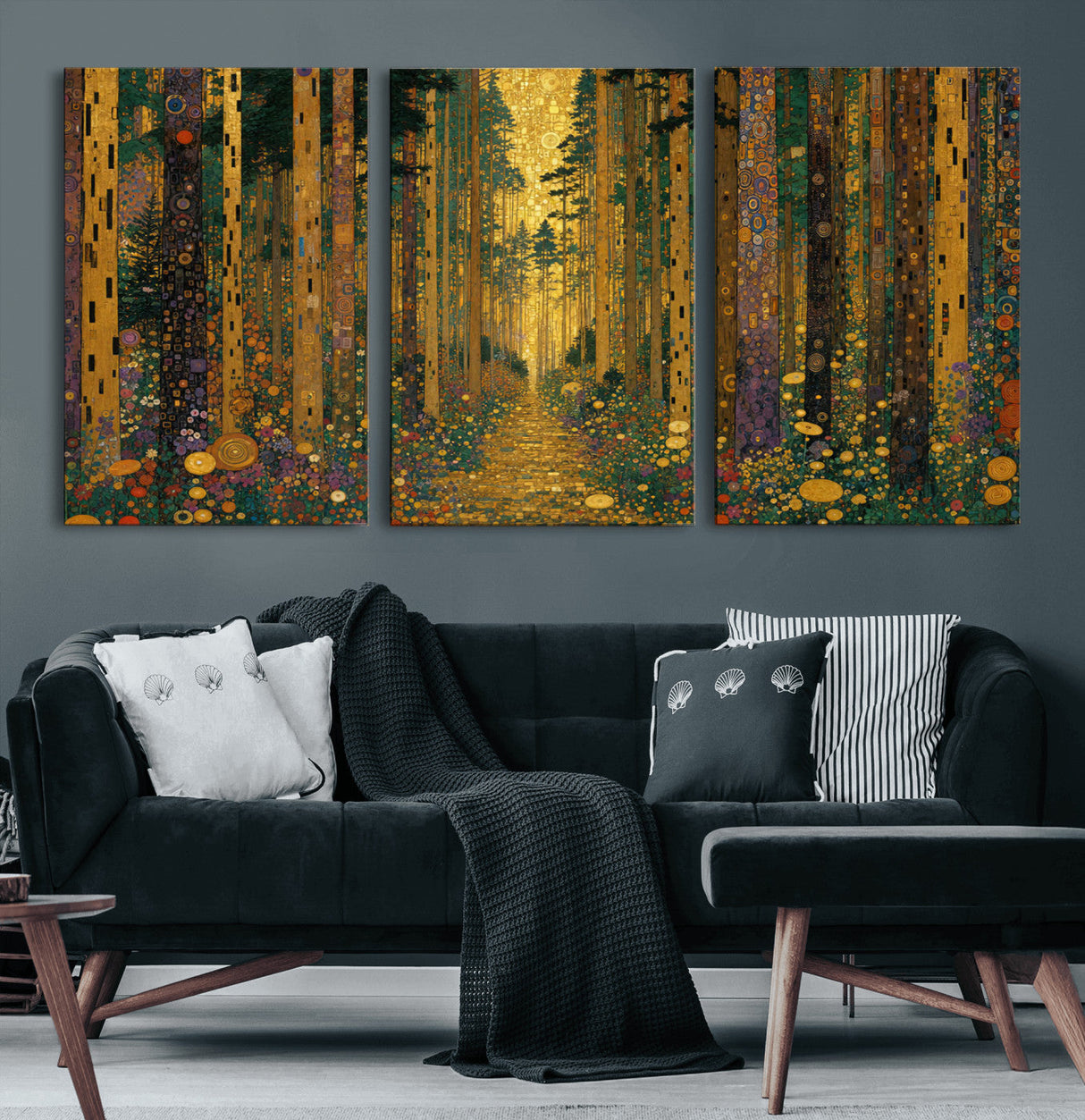 Gustav Klimt Style Forest Canvas Wall Art, Golden Forest Path Floral Art Nouveau Print, Enchanted Woodland Decor