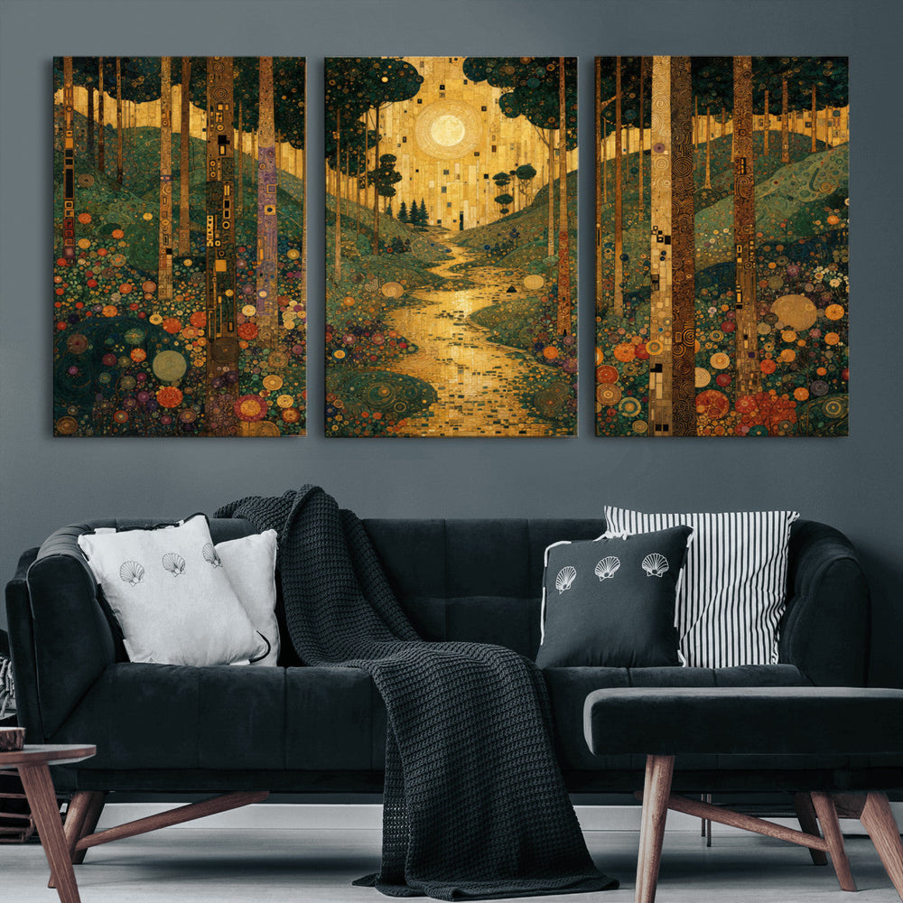 Gustav Klimt Style Forest Canvas Wall Art, Golden Forest Path Floral Art Nouveau Print, Enchanted Woodland Decor