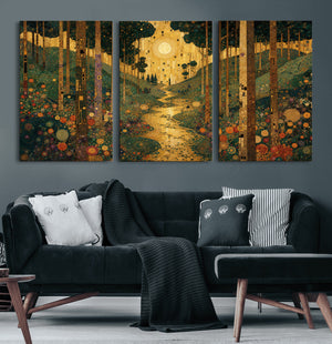Gustav Klimt Style Forest Canvas Wall Art, Golden Forest Path Floral Art Nouveau Print, Enchanted Woodland Decor