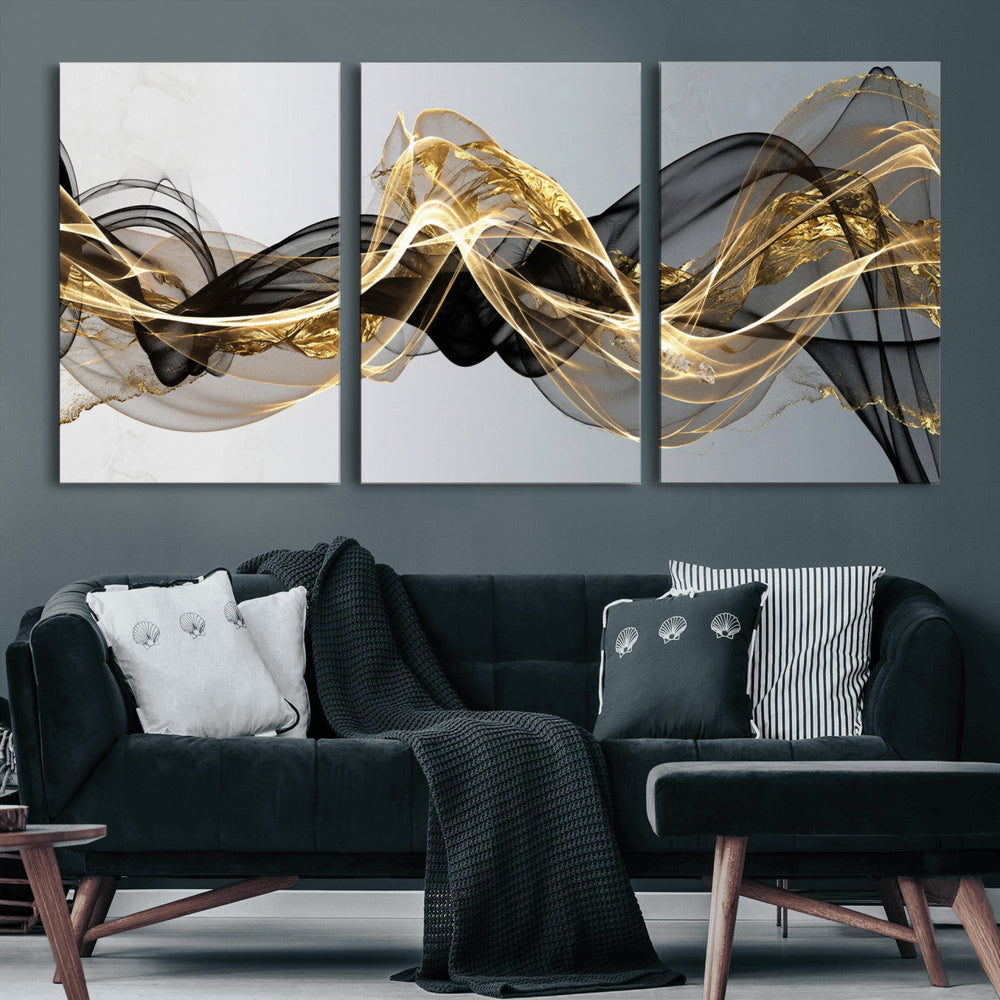 Black and Gold Abstract Wall Art, Modern Wave Canvas Print, Elegant Flowing Smoke Art, Luxury Living Room Decor