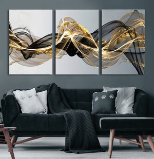 Black and Gold Abstract Wall Art, Modern Wave Canvas Print, Elegant Flowing Smoke Art, Luxury Living Room Decor