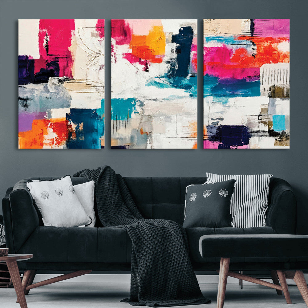 Blue Teal Abstract Canvas Wall Art, Modern Textured Painting Print, Navy Orange White Contemporary Art, Neutral Living Room Decor, Office Art