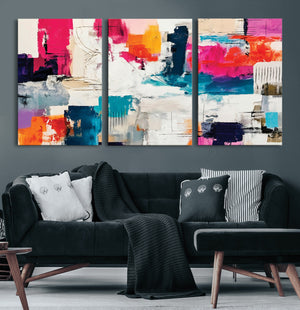 Blue Teal Abstract Canvas Wall Art, Modern Textured Painting Print, Navy Orange White Contemporary Art, Neutral Living Room Decor, Office Art