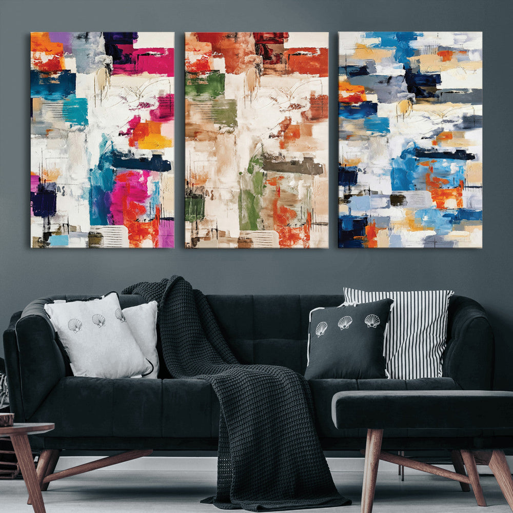 Blue Teal Abstract Canvas Wall Art, Modern Textured Painting Print, Navy Orange White Contemporary Art, Neutral Living Room Decor, Office Art