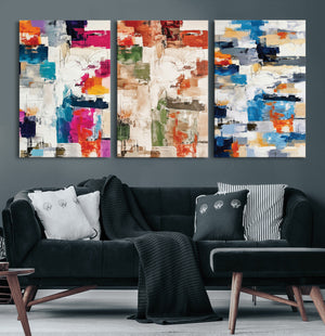 Blue Teal Abstract Canvas Wall Art, Modern Textured Painting Print, Navy Orange White Contemporary Art, Neutral Living Room Decor, Office Art