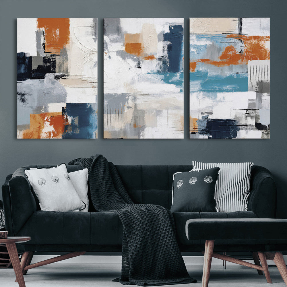 Blue Teal Abstract Canvas Wall Art, Modern Textured Painting Print, Navy Orange White Contemporary Art, Neutral Living Room Decor, Office Art