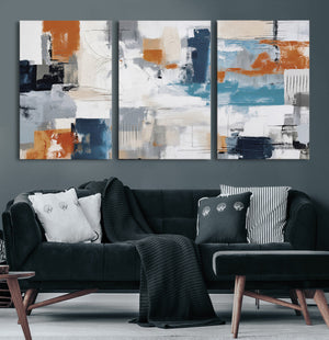 Blue Teal Abstract Canvas Wall Art, Modern Textured Painting Print, Navy Orange White Contemporary Art, Neutral Living Room Decor, Office Art