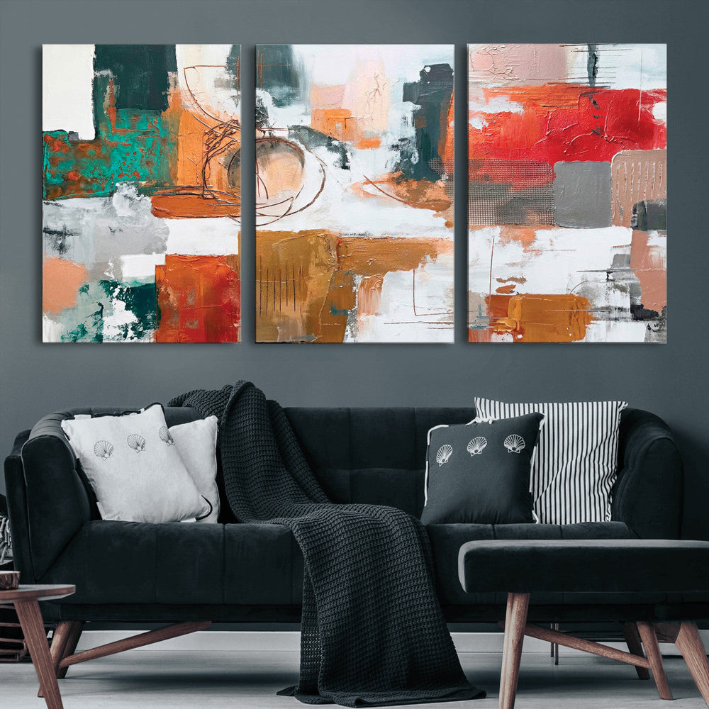 Blue Teal Abstract Canvas Wall Art, Modern Textured Painting Print, Navy Orange White Contemporary Art, Neutral Living Room Decor, Office Art