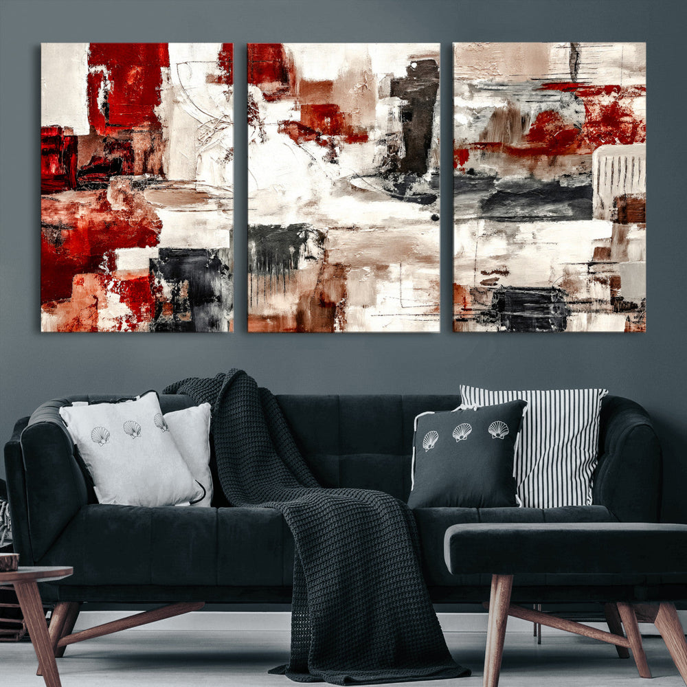 Blue Teal Abstract Canvas Wall Art, Modern Textured Painting Print, Navy Orange White Contemporary Art, Neutral Living Room Decor, Office Art