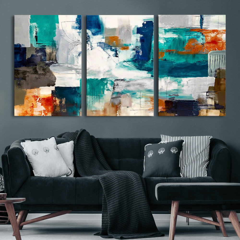 Blue Teal Abstract Canvas Wall Art, Modern Textured Painting Print, Navy Orange White Contemporary Art, Neutral Living Room Decor, Office Art