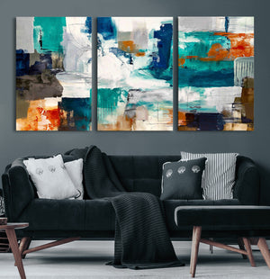 Blue Teal Abstract Canvas Wall Art, Modern Textured Painting Print, Navy Orange White Contemporary Art, Neutral Living Room Decor, Office Art