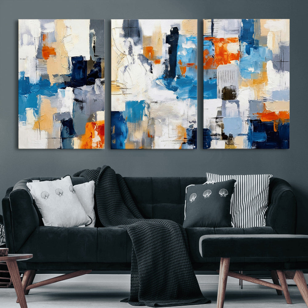 Blue Teal Abstract Canvas Wall Art, Modern Textured Painting Print, Navy Orange White Contemporary Art, Neutral Living Room Decor, Office Art