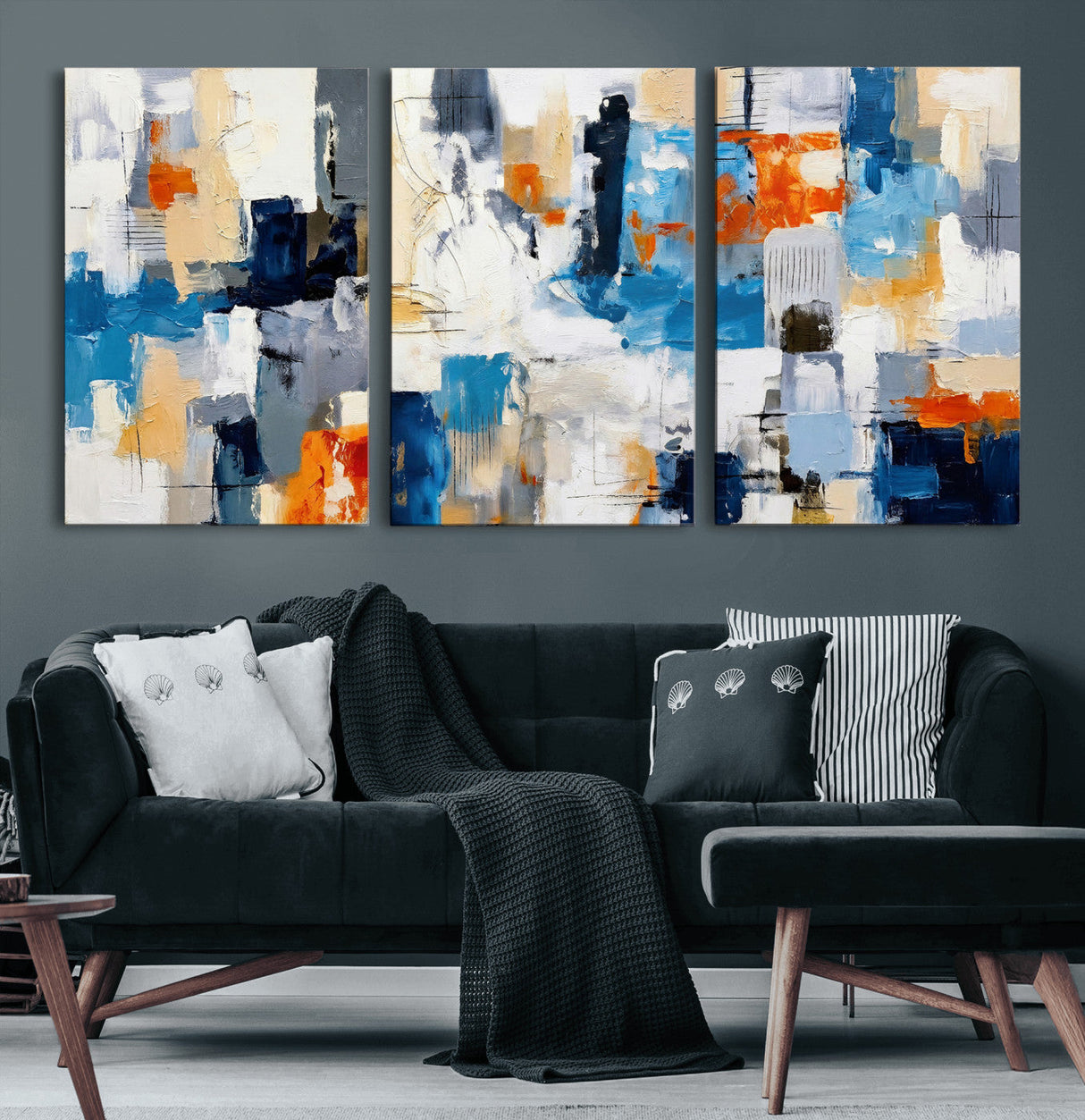 Blue Teal Abstract Canvas Wall Art, Modern Textured Painting Print, Navy Orange White Contemporary Art, Neutral Living Room Decor, Office Art
