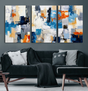Blue Teal Abstract Canvas Wall Art, Modern Textured Painting Print, Navy Orange White Contemporary Art, Neutral Living Room Decor, Office Art