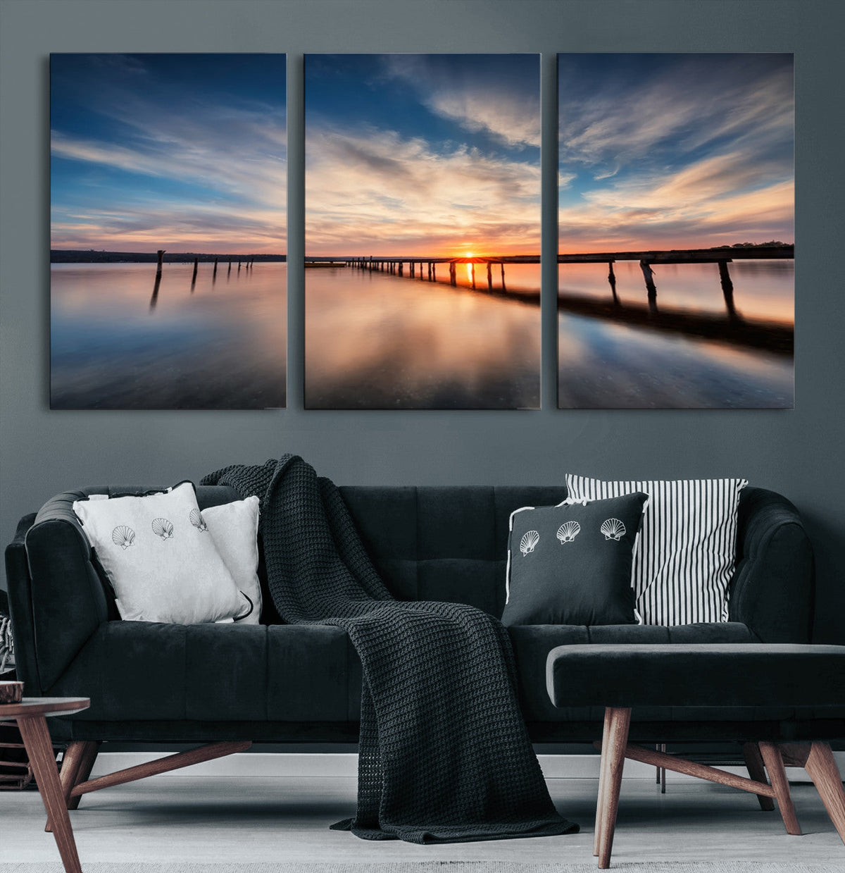 Wooden Pier on Seascape and Sunset Wall Art Canvas Print