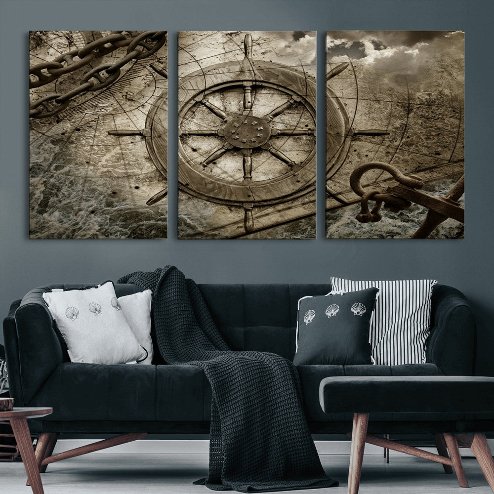 Wooden Ship Wheel Canvas Print, Multi Panel Canvas Wall Art