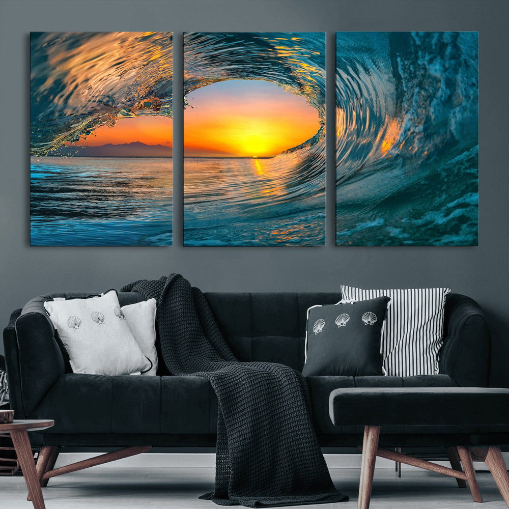 Ocean Wave Sunset Wall Art | Large Coastal Wave Canvas Print