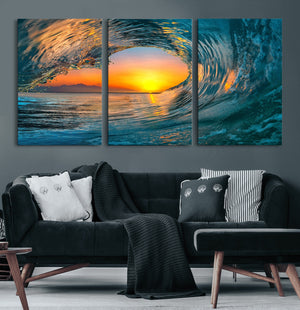 Ocean Wave Sunset Wall Art | Large Coastal Wave Canvas Print