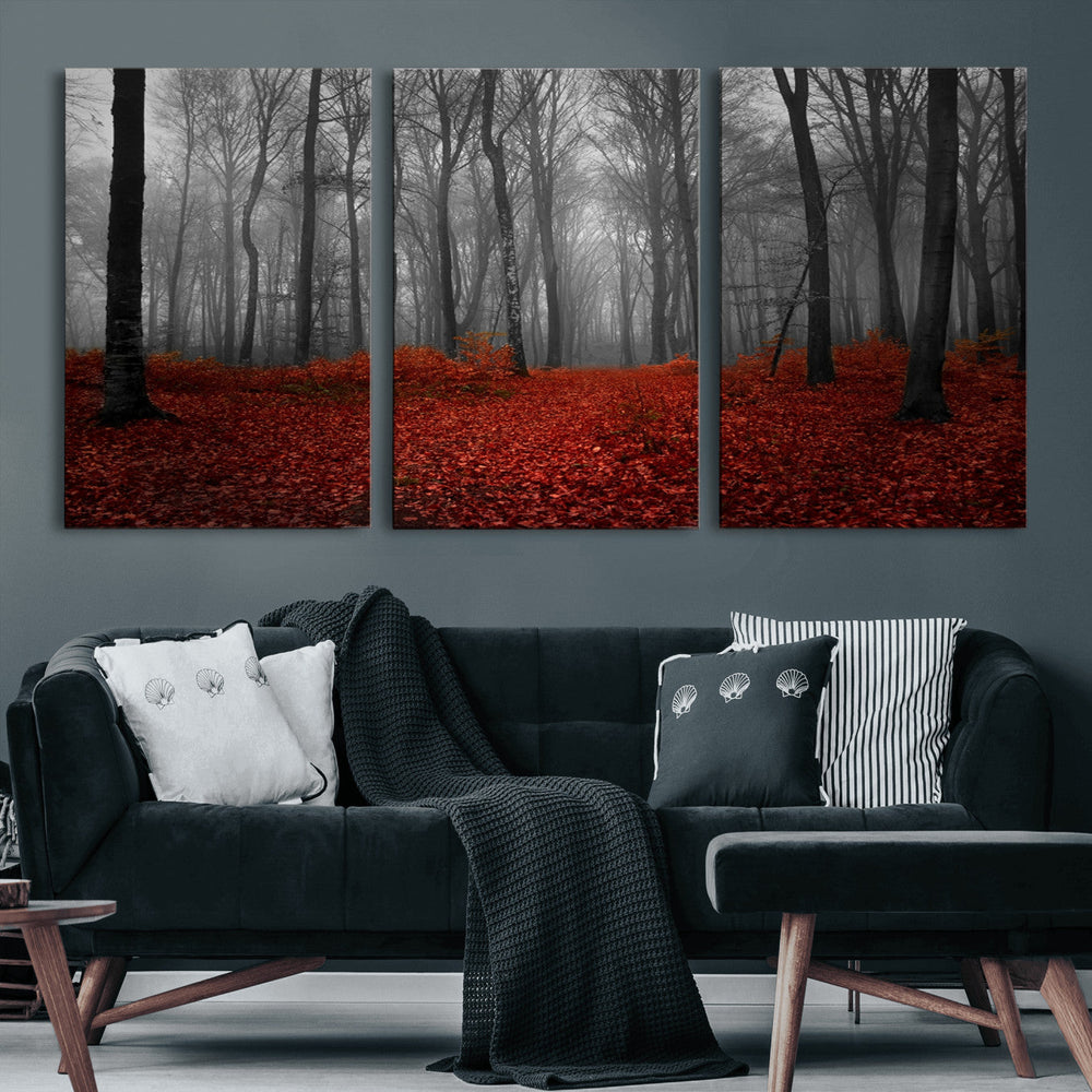 Red Forest Floor Canvas Wall Art – Mystical Foggy Woodland
