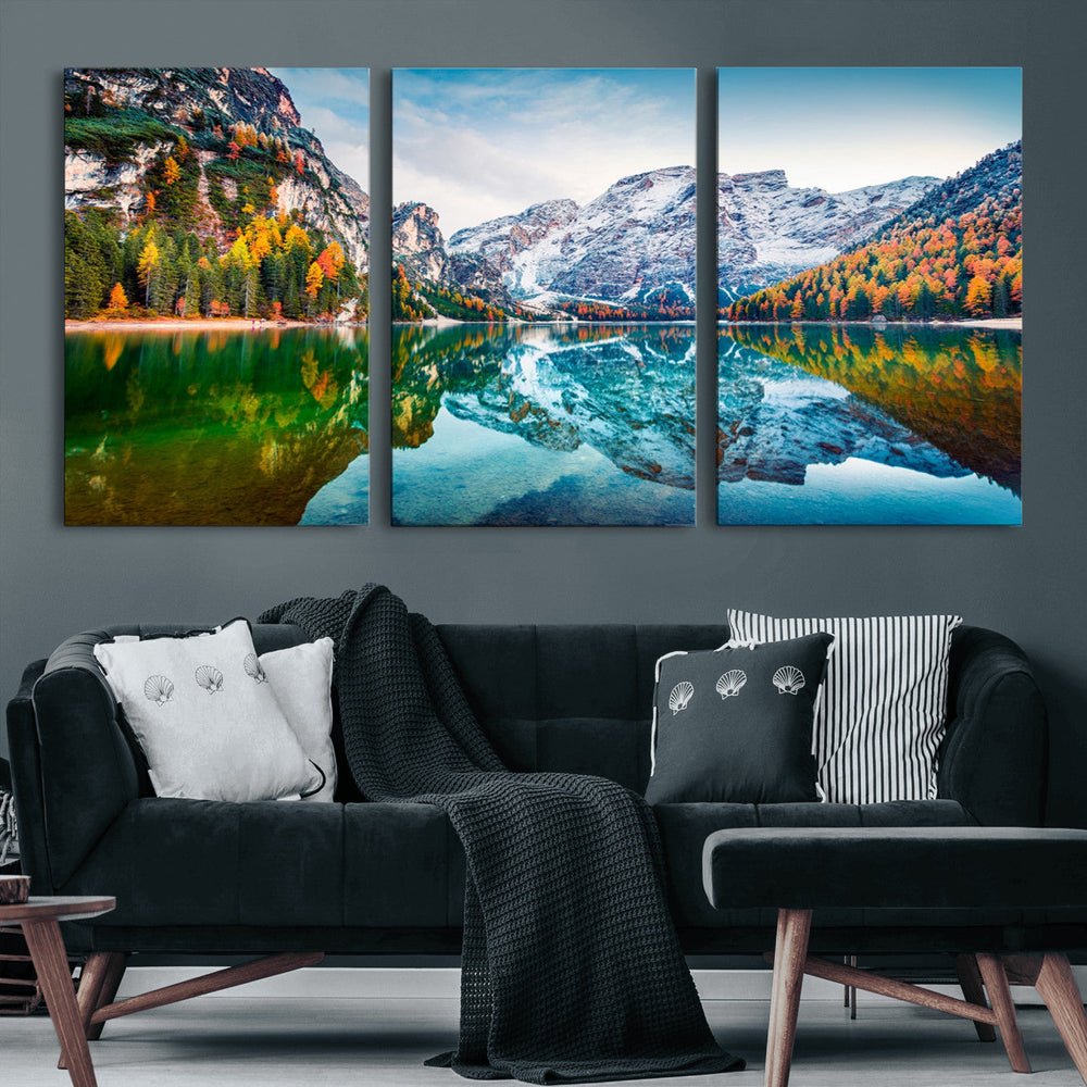 Spectacular autumn view of Braies Lake Wall Art Canvas Print