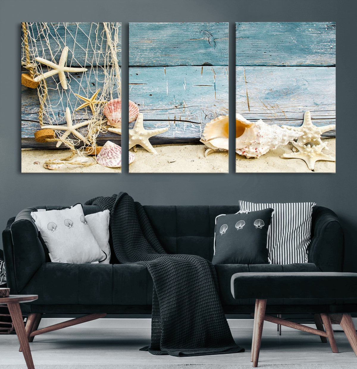 Seashells on Rustic Wooden Background, Seashells Wall Art
