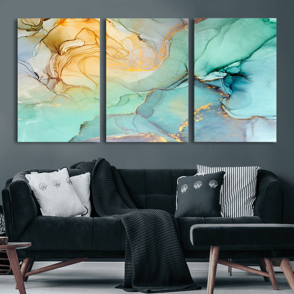 Abstract Aqua and Gold Fluid Wall Art Canvas | 3 Panel Large