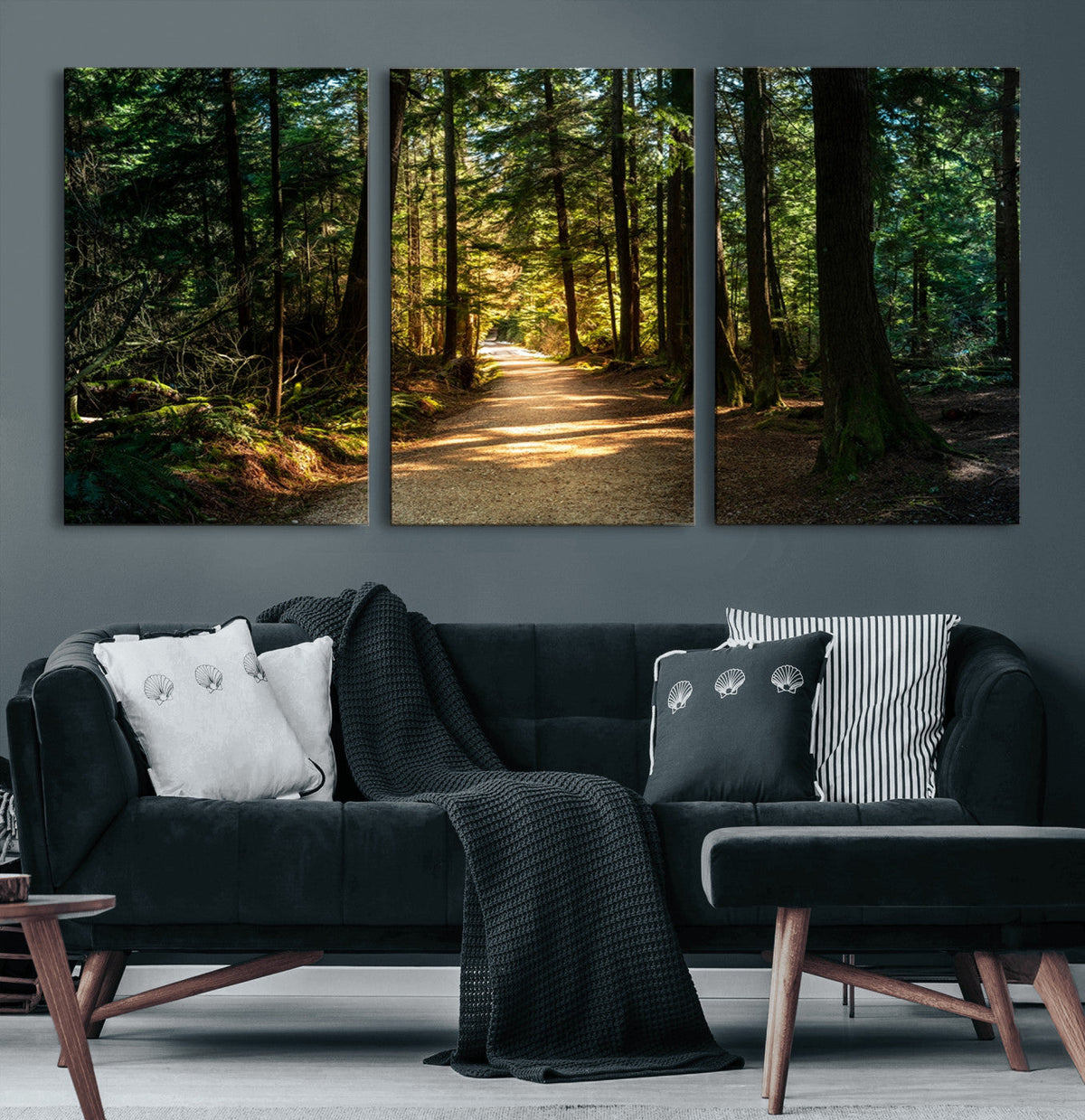 Sunlit Forest Pathway Canvas Print | 3 Panel Large Nature