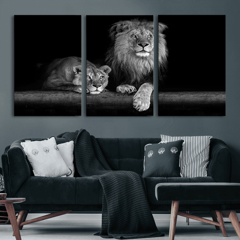 Large Black and White Lion Couple Wall Art Canvas Print –