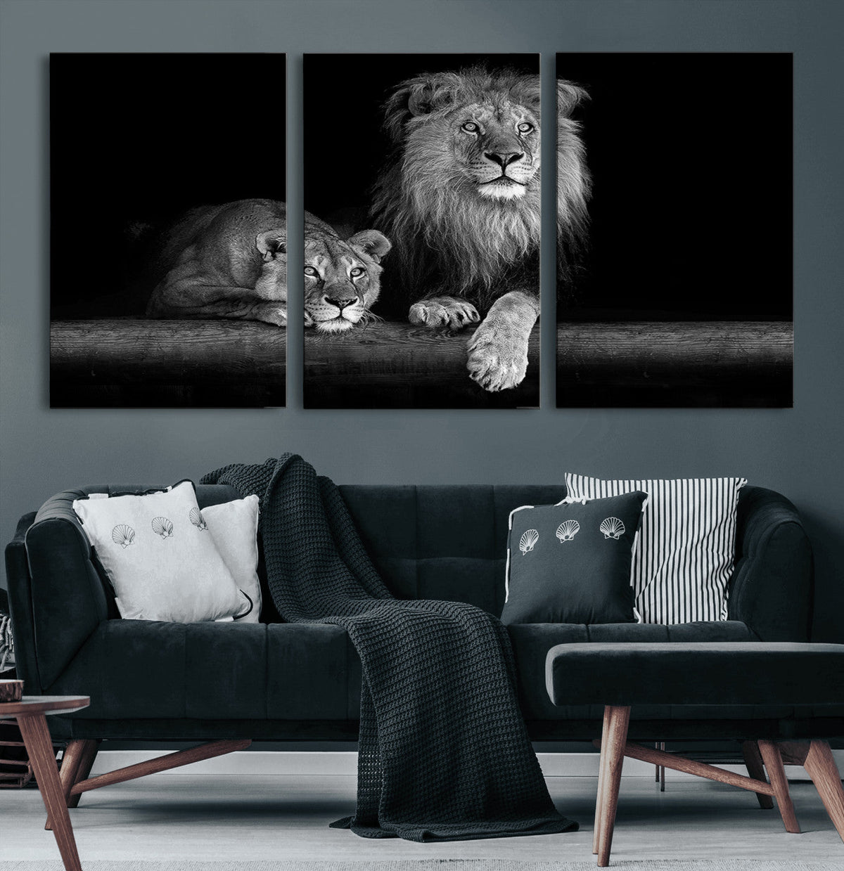Large Black and White Lion Couple Wall Art Canvas Print –
