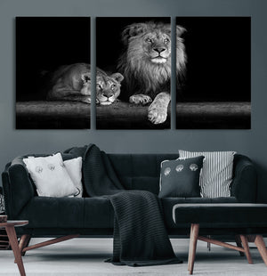 Large Black and White Lion Couple Wall Art Canvas Print –