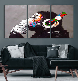 Dj Monkey Listening to Music Wall Art Print | Banksy Monkey