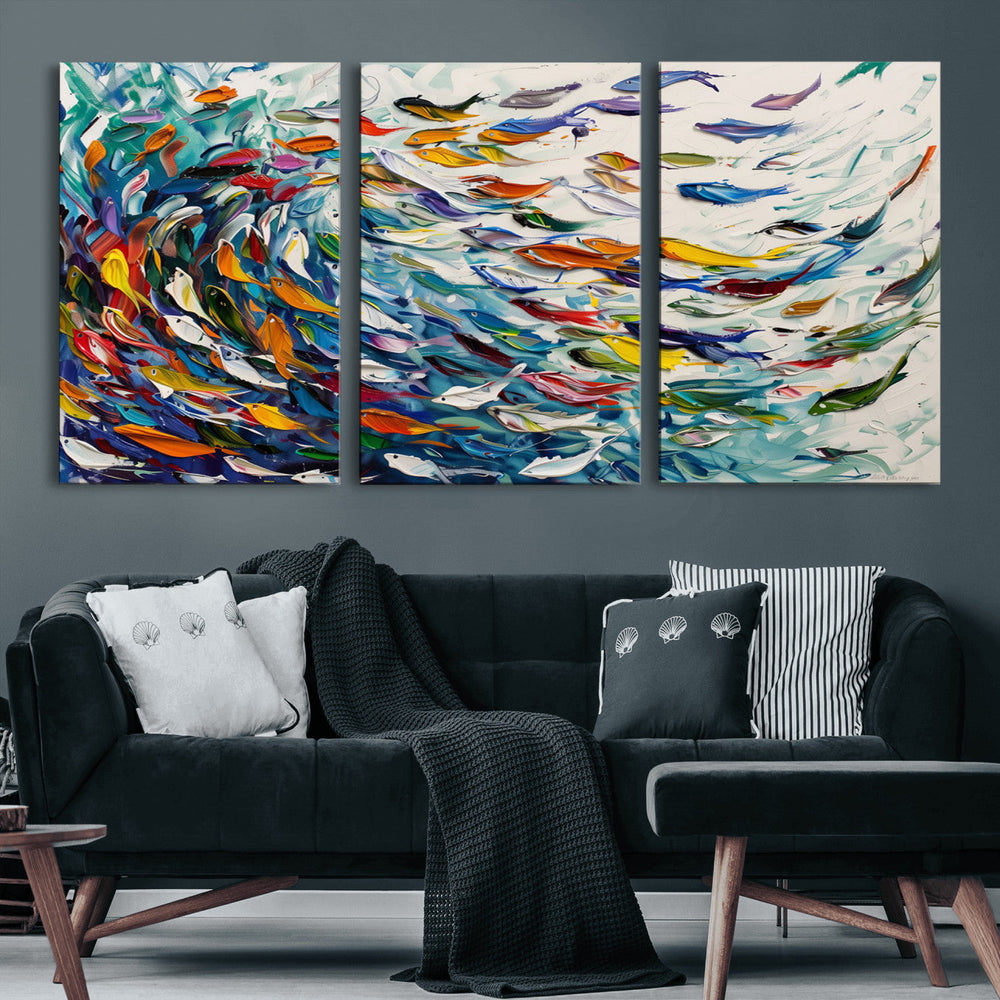 Modern Abstract Fish Shoal Wall Art Canvas Print, Colorful