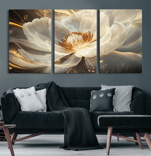 Gold Floral Wall Art Canvas Print, Framed Modern Flower Art