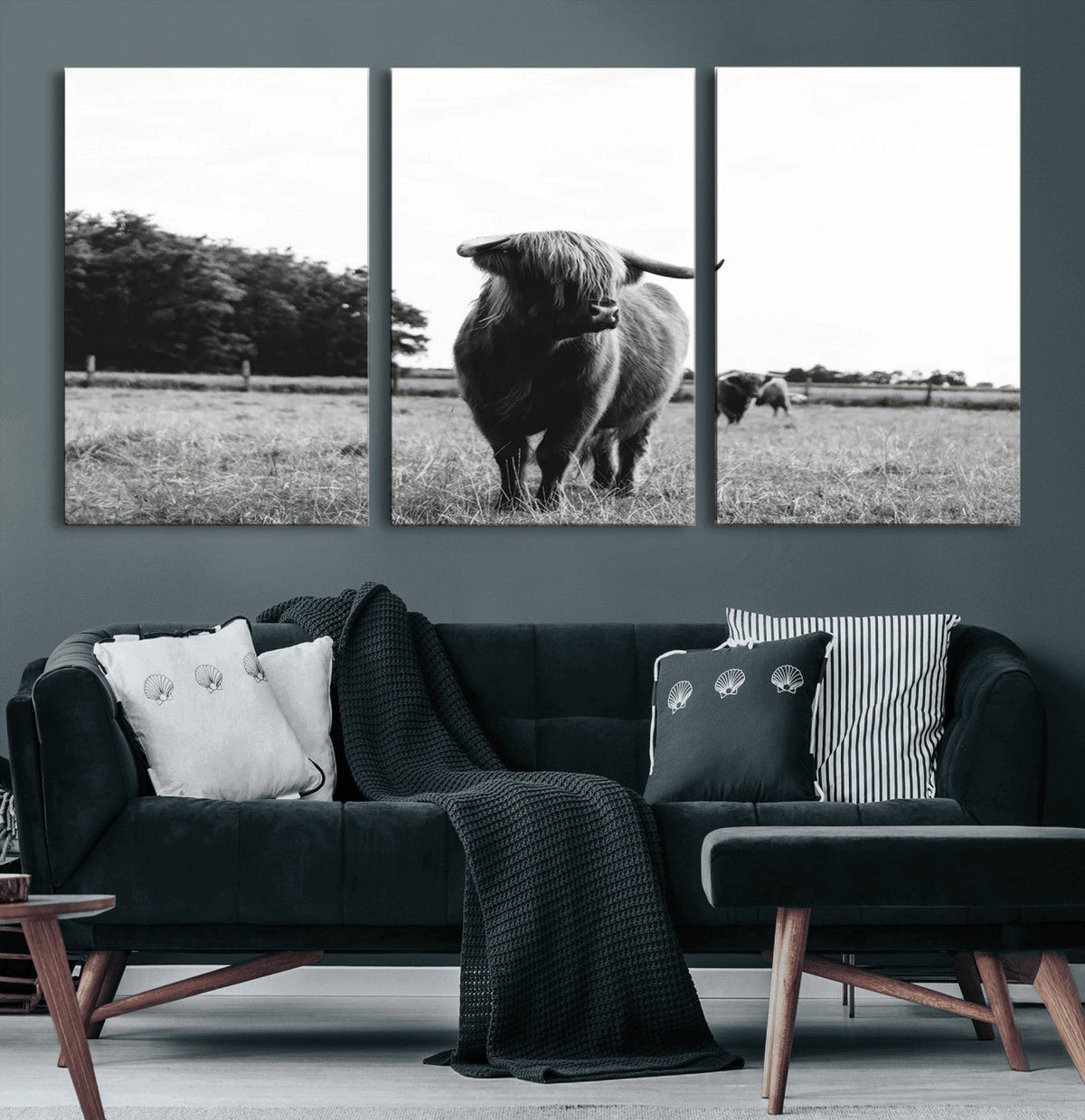 Black and White Highland Cow Wall Art Canvas Print | Rustic